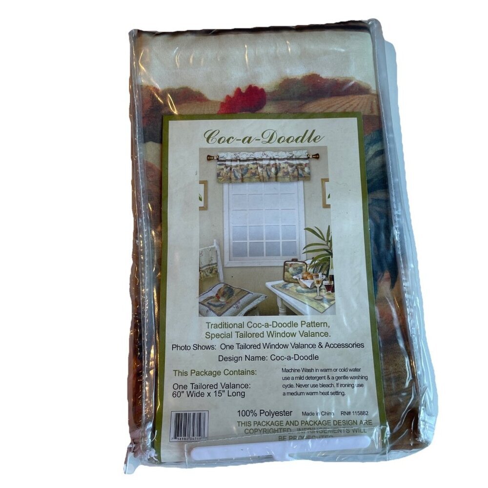 Rooster Farmhouse Kitchen Valance Multicolor "Coc-a-Doodle" 60" W X 15" L NEW
